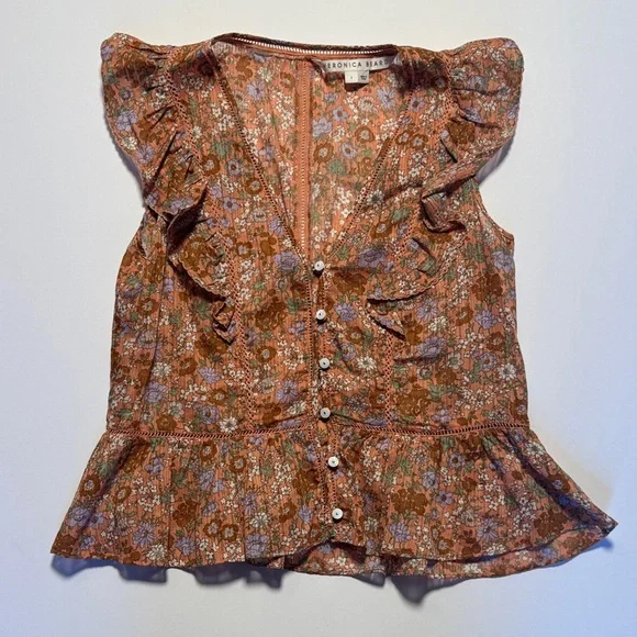 VERONICA BEARD Araya Top Coral Floral Ruffle Button Front Eyelet Detail Blouse 2 - Picture 2 of 10